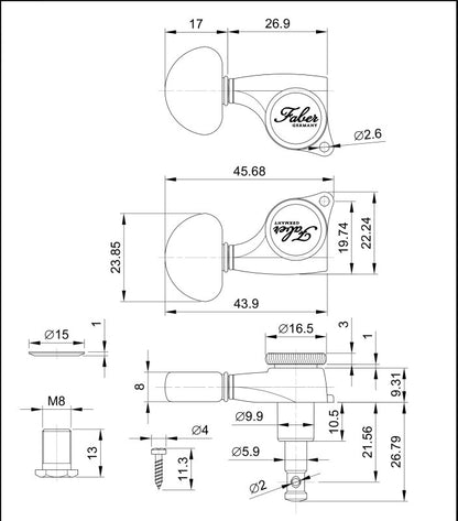 Faber FT33L-GA Faber locking tuners, 3+3, bolt bushing, aged gold